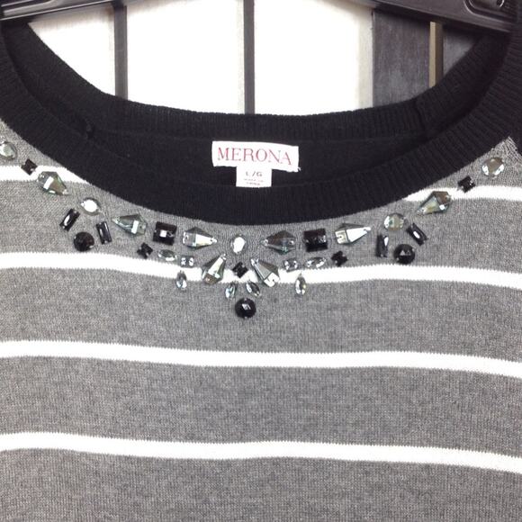 Merona Womens Grey Crewneck Embellished Striped Long Sleeve Sweater L - Picture 5 of 8